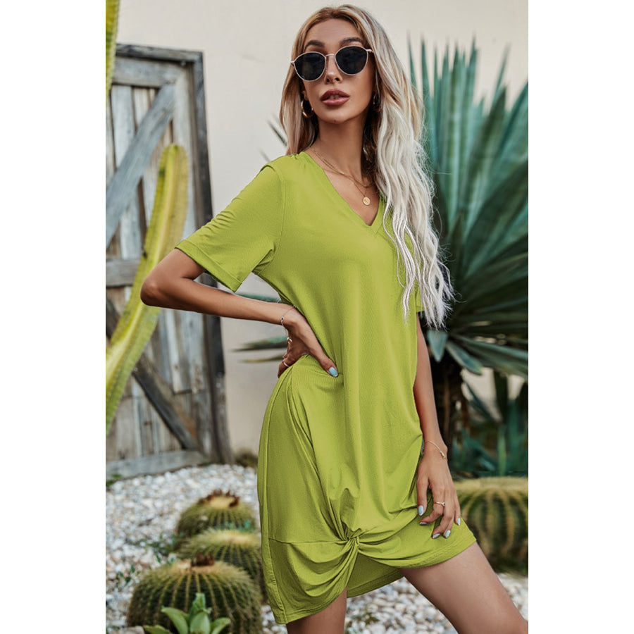 Shiny Twisted V-Neck Short Sleeve Dress Lime / S Apparel and Accessories