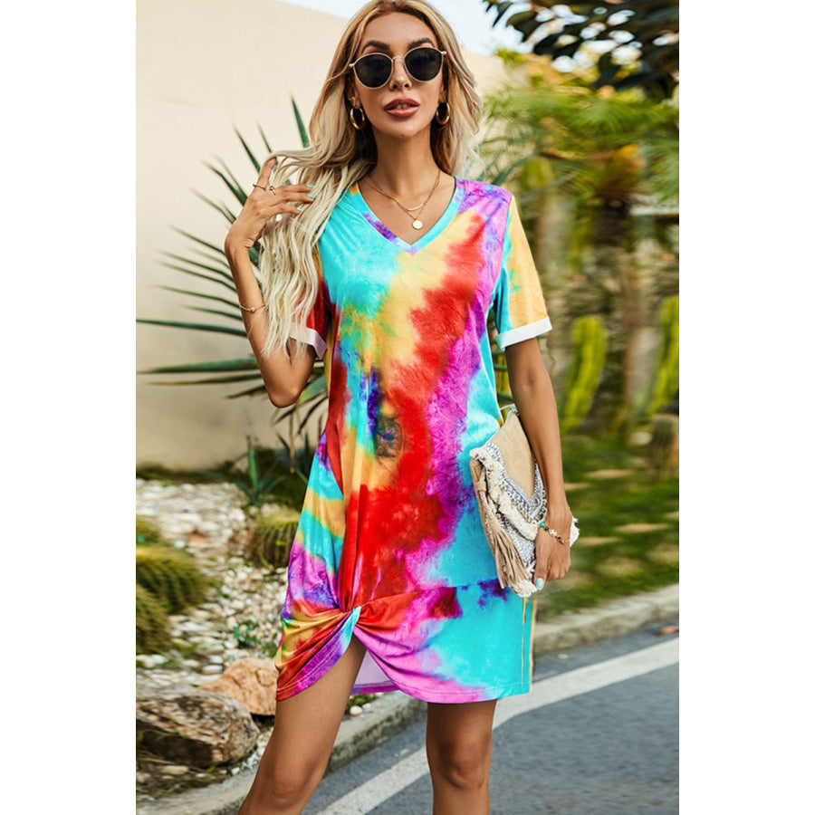 Shiny Twisted V-Neck Short Sleeve Dress Multicolor / S Apparel and Accessories