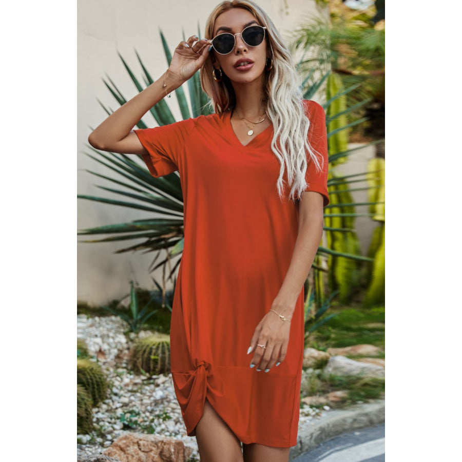 Shiny Twisted V-Neck Short Sleeve Dress Terracotta / S Apparel and Accessories