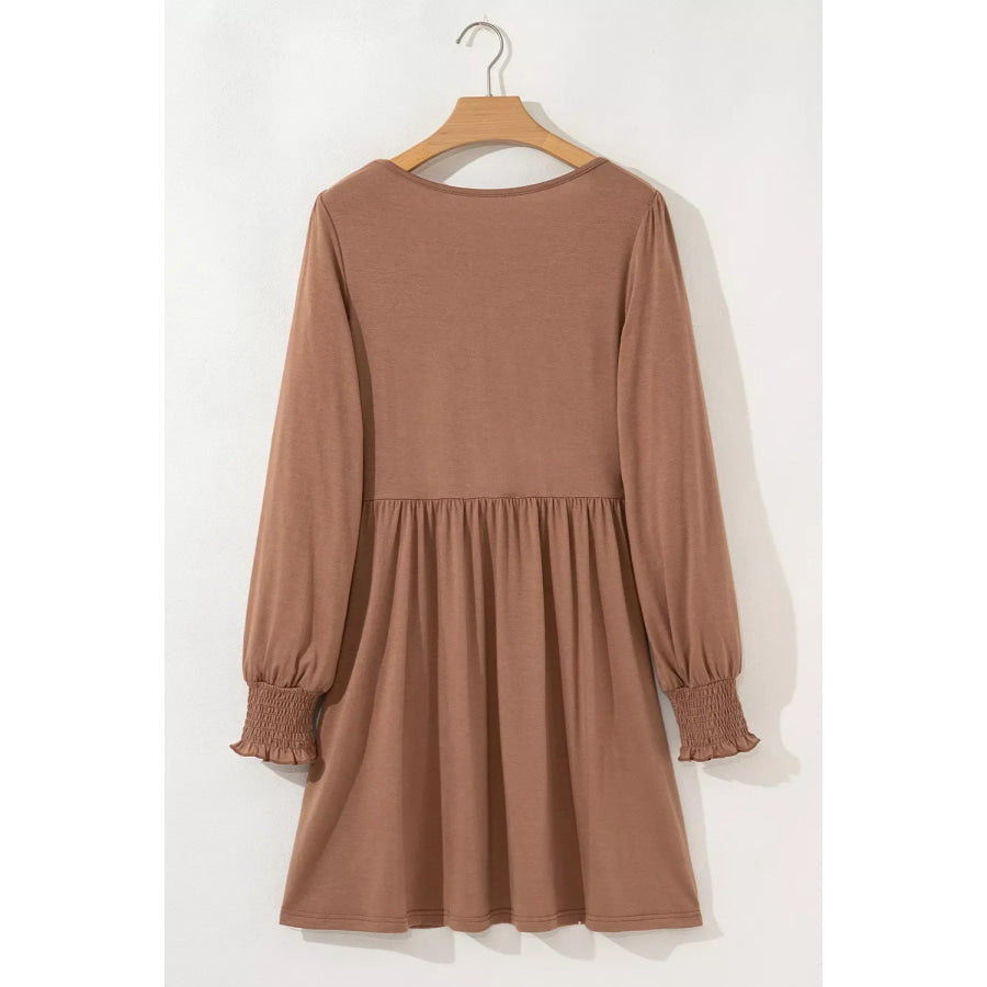 Shirred Cuff Long Sleeve Button Round Neck Mini Dress Apparel and Accessories