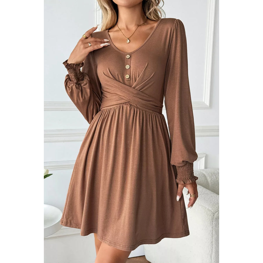 Shirred Cuff Long Sleeve Button Round Neck Mini Dress Apparel and Accessories