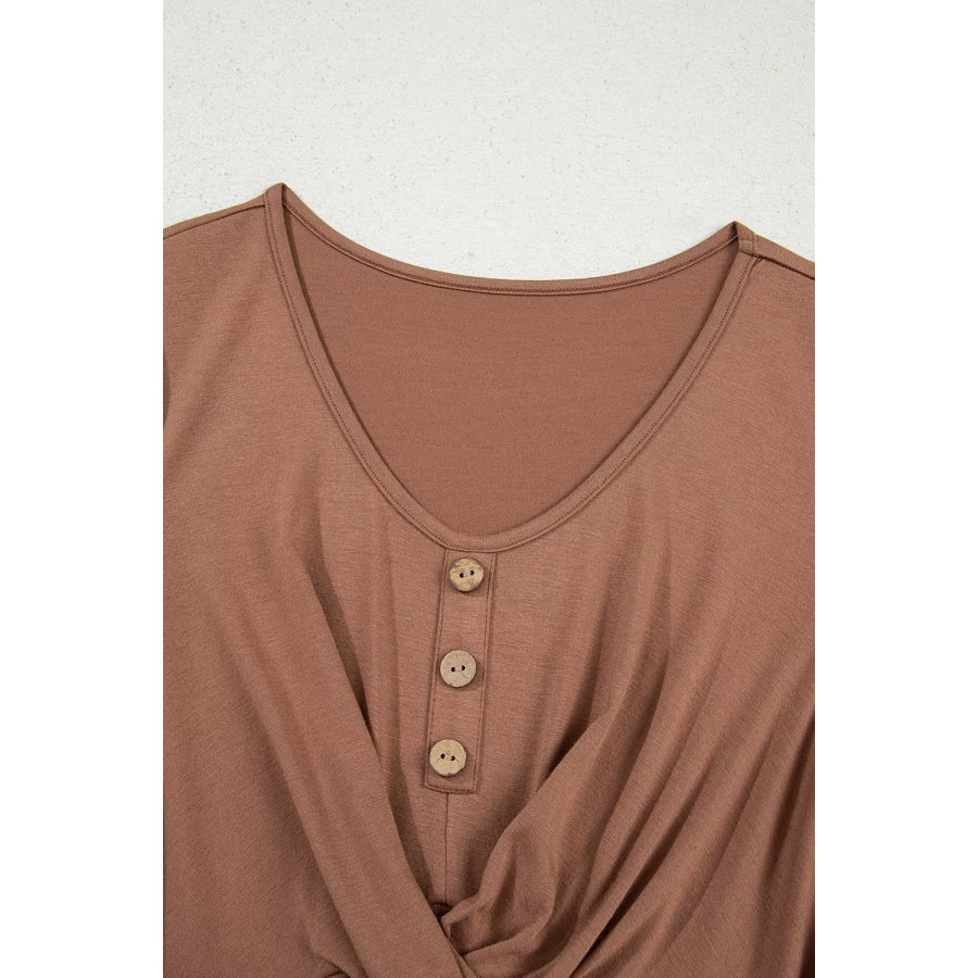 Shirred Cuff Long Sleeve Button Round Neck Mini Dress Apparel and Accessories