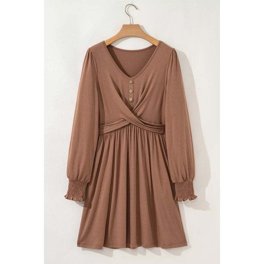 Shirred Cuff Long Sleeve Button Round Neck Mini Dress Apparel and Accessories