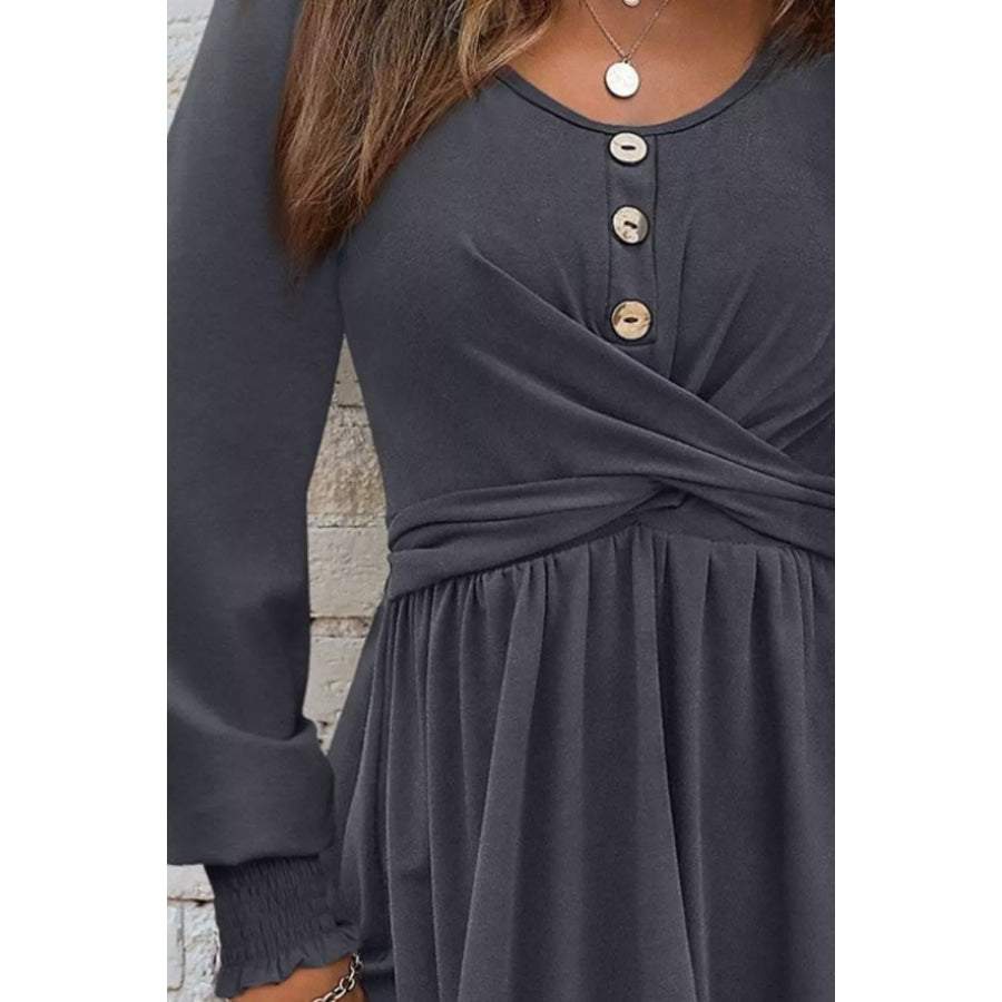 Shirred Cuff Long Sleeve Button Round Neck Mini Dress Apparel and Accessories