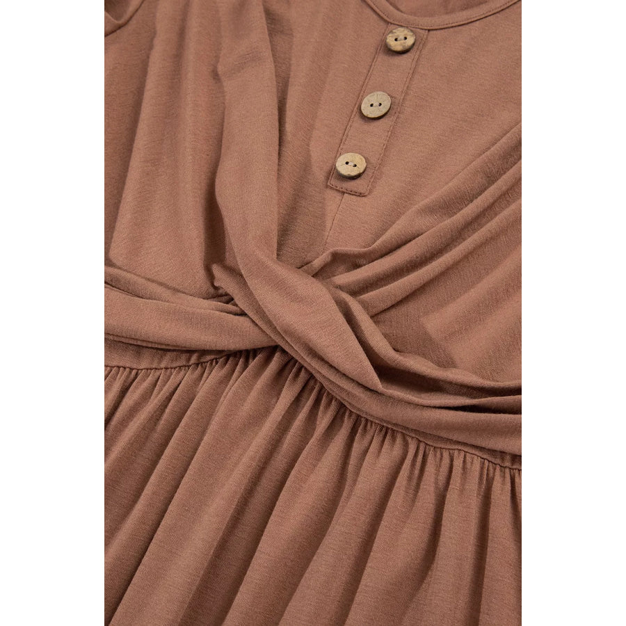 Shirred Cuff Long Sleeve Button Round Neck Mini Dress Apparel and Accessories
