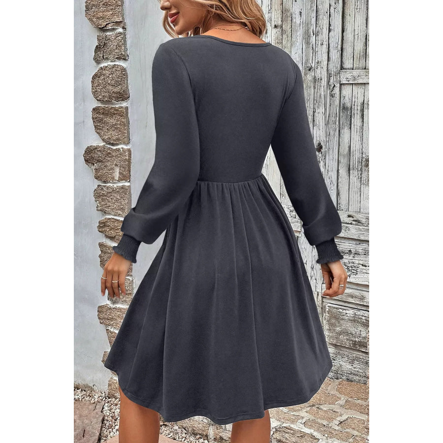 Shirred Cuff Long Sleeve Button Round Neck Mini Dress Apparel and Accessories