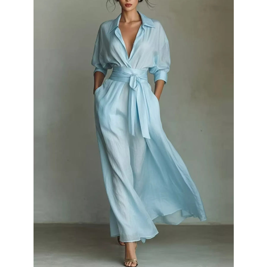 Shirt Maxi Dress with Waist-Defining Sash Sky Blue / S