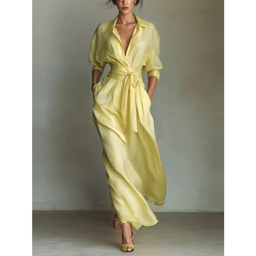 Shirt Maxi Dress with Waist-Defining Sash Yellow / S