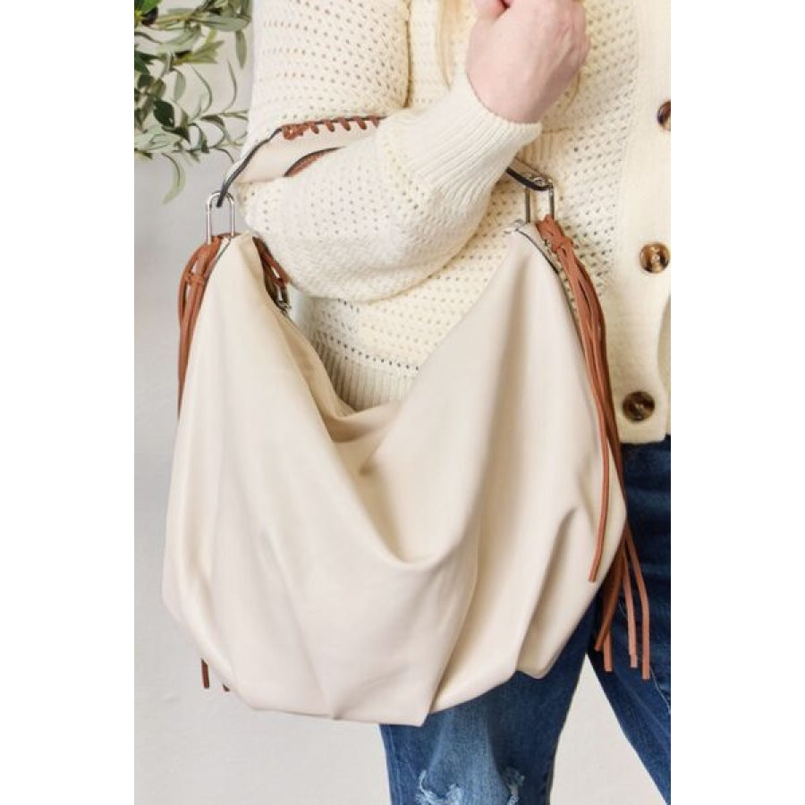 SHOMICO Fringe Detail Contrast Handbag BEIGE / One Size Clothing