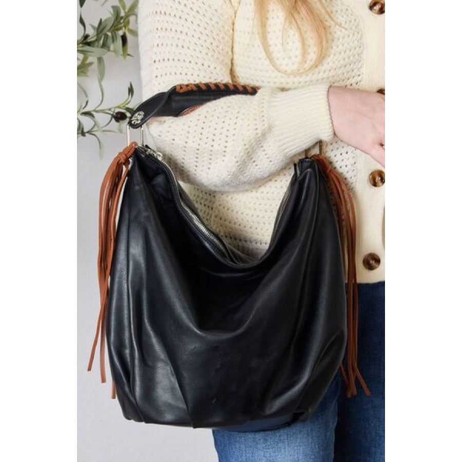 SHOMICO Fringe Detail Contrast Handbag BLACK / One Size Clothing