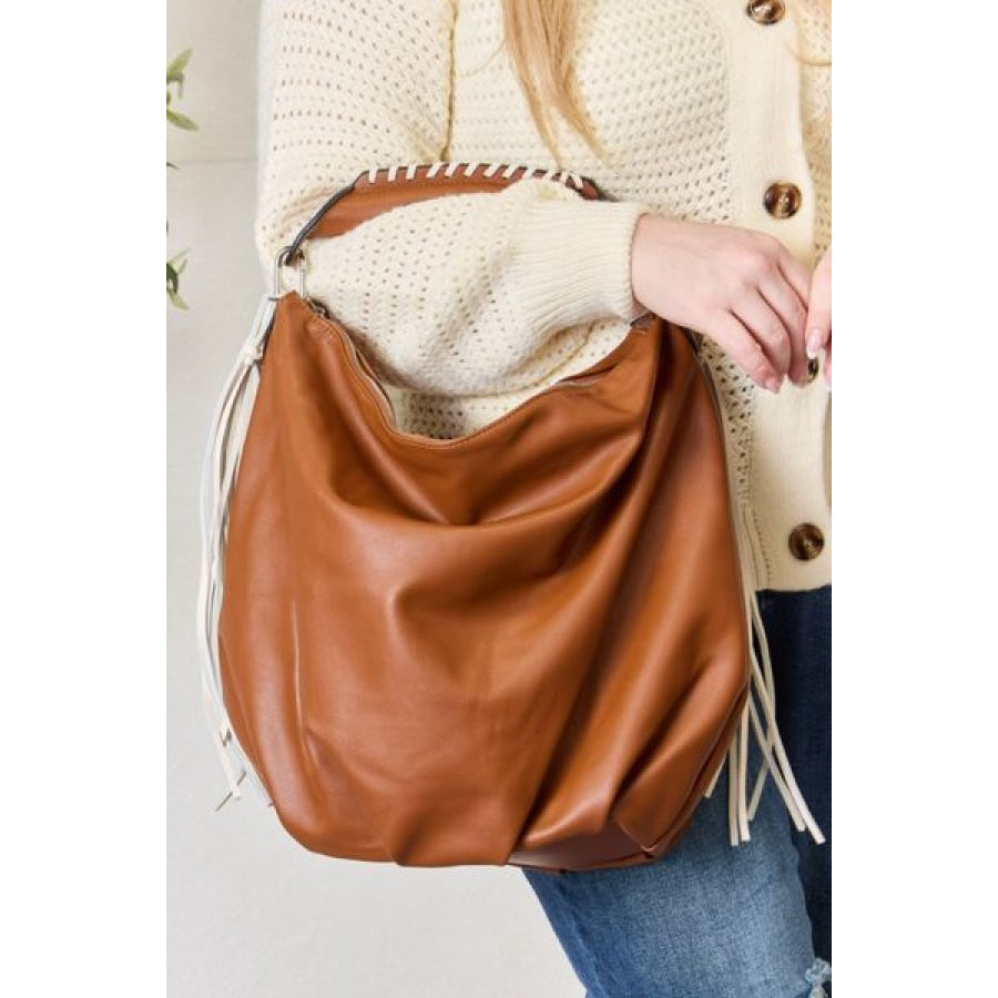 SHOMICO Fringe Detail Contrast Handbag TAN / One Size Clothing