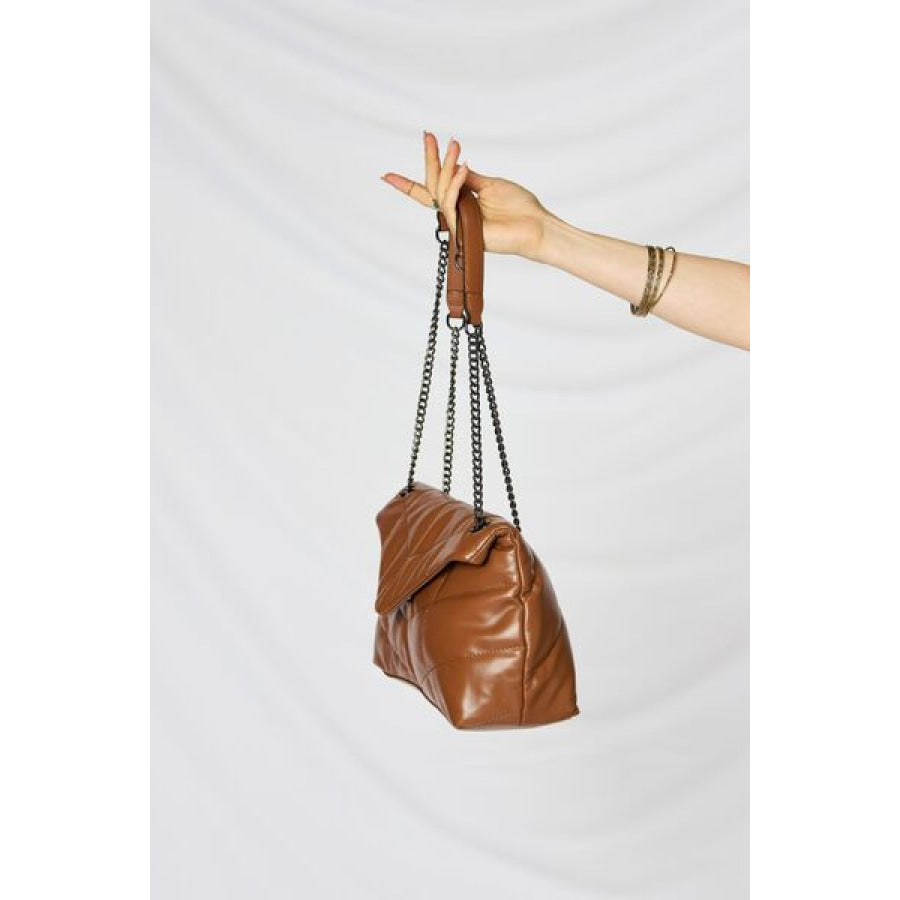 SHOMICO PU Leather Chain Handbag TAN / One Size Apparel and Accessories