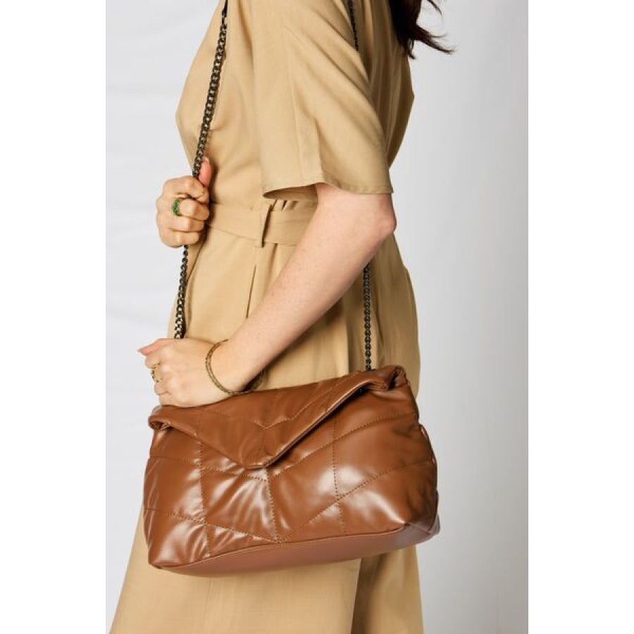 SHOMICO PU Leather Chain Handbag TAN / One Size Apparel and Accessories