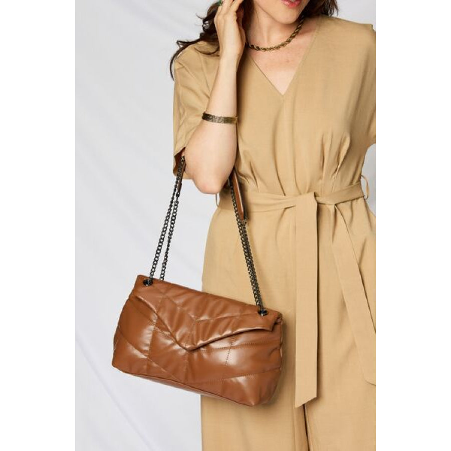 SHOMICO PU Leather Chain Handbag TAN / One Size Apparel and Accessories