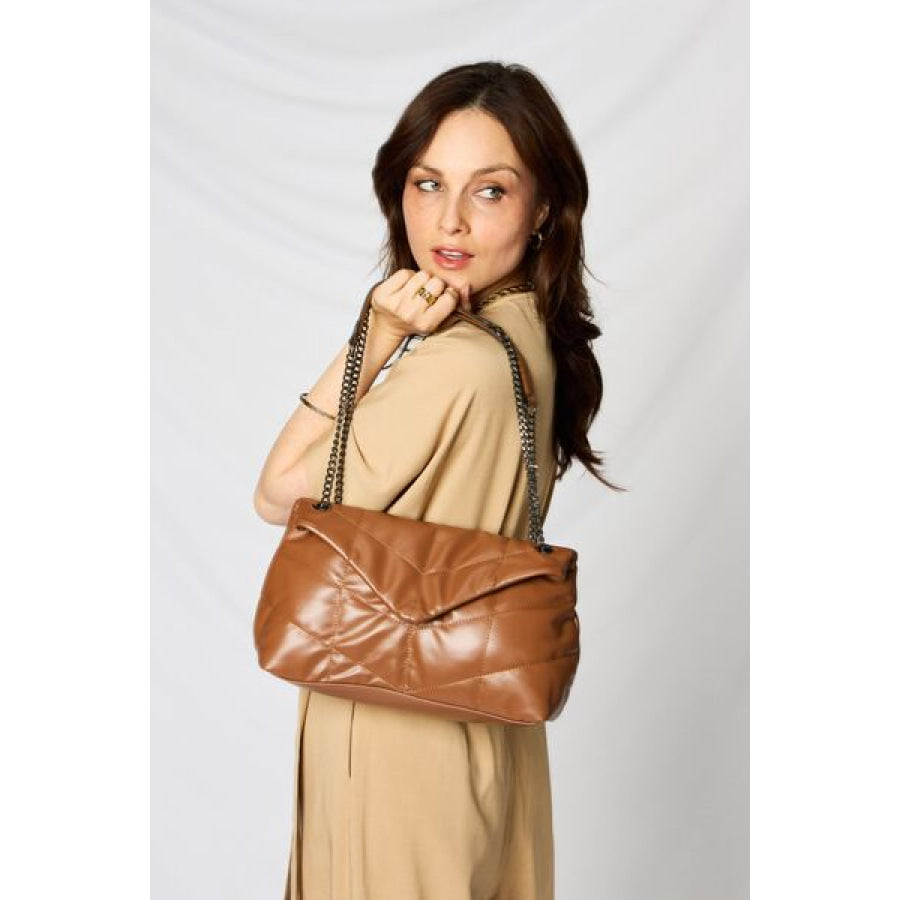 SHOMICO PU Leather Chain Handbag TAN / One Size Apparel and Accessories