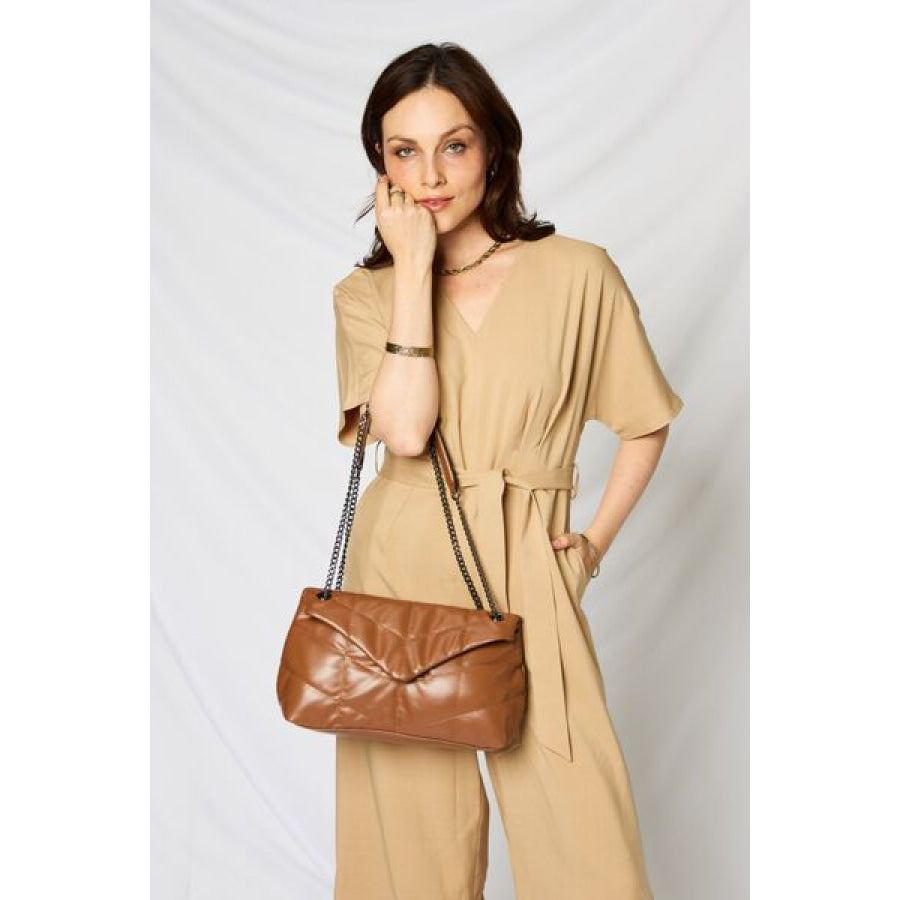 SHOMICO PU Leather Chain Handbag TAN / One Size Apparel and Accessories