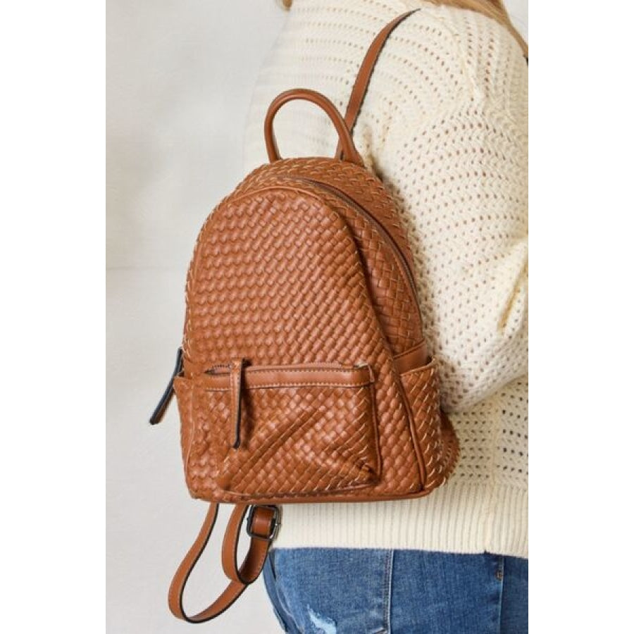 SHOMICO PU Leather Woven Backpack TAN / One Size Clothing