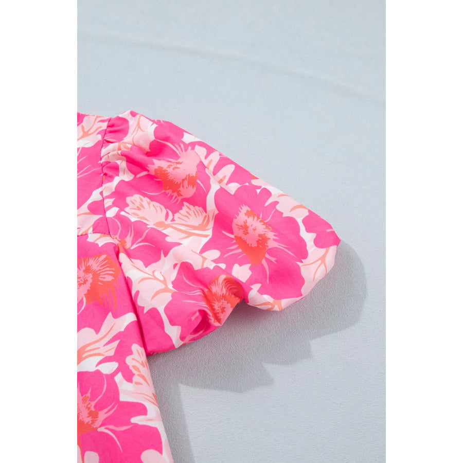 Short Bubble Sleeve Summer Floral Blouse Apparel and Accessories