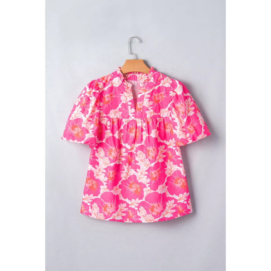 Short Bubble Sleeve Summer Floral Blouse Apparel and Accessories