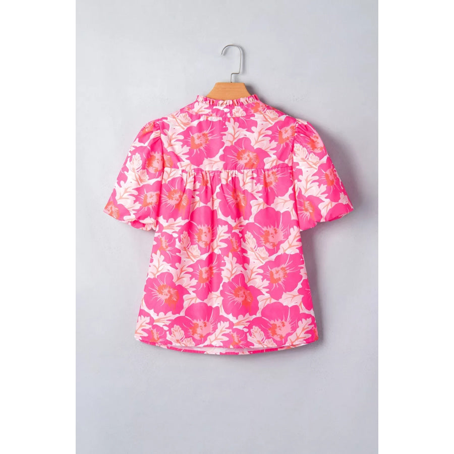 Short Bubble Sleeve Summer Floral Blouse Apparel and Accessories