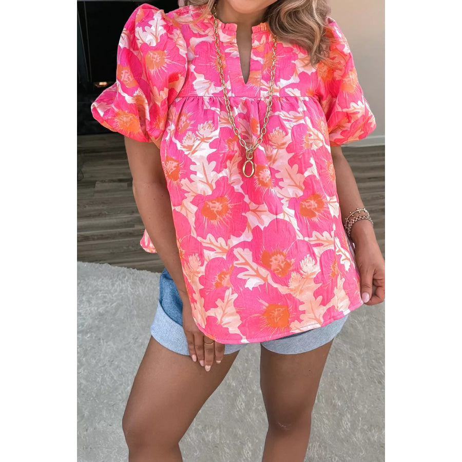 Short Bubble Sleeve Summer Floral Blouse Hot Pink / S Apparel and Accessories