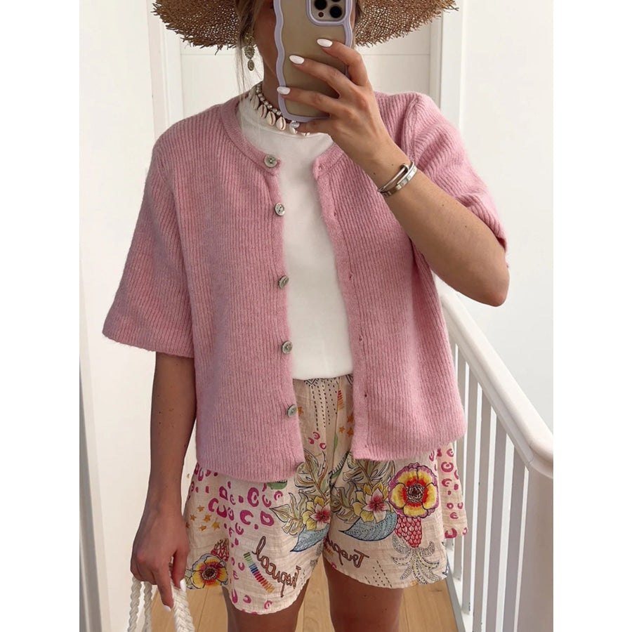 Short Sleeve Button-Down Cardigan Dusty Pink / S Apparel and Accessories