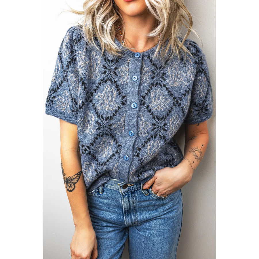 Short Sleeve Button Front Boho Knit Top Cardigan Dusty Blue / S Apparel and Accessories