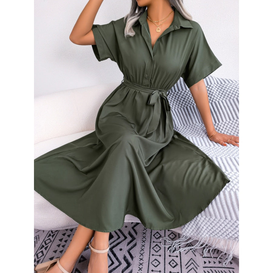 Short Sleeve Collared Tie Belt Dress Army Green / S