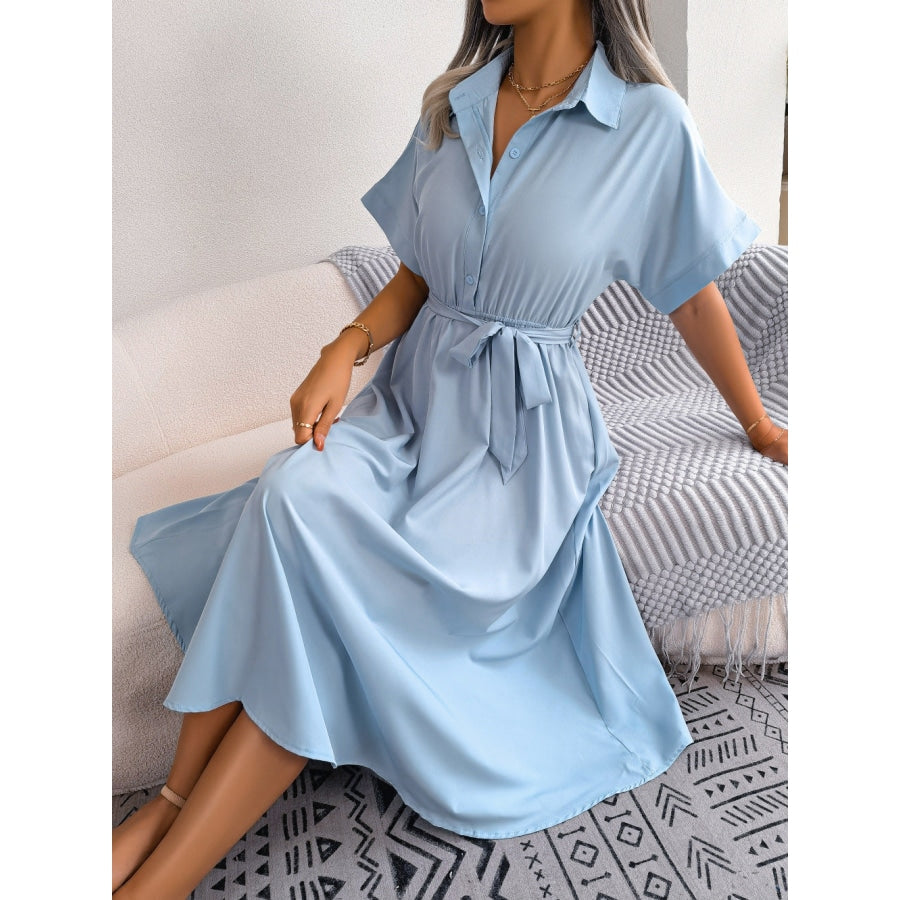 Short Sleeve Collared Tie Belt Dress Pastel Blue / S