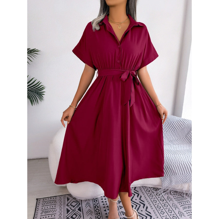 Short Sleeve Collared Tie Belt Dress Wine / S