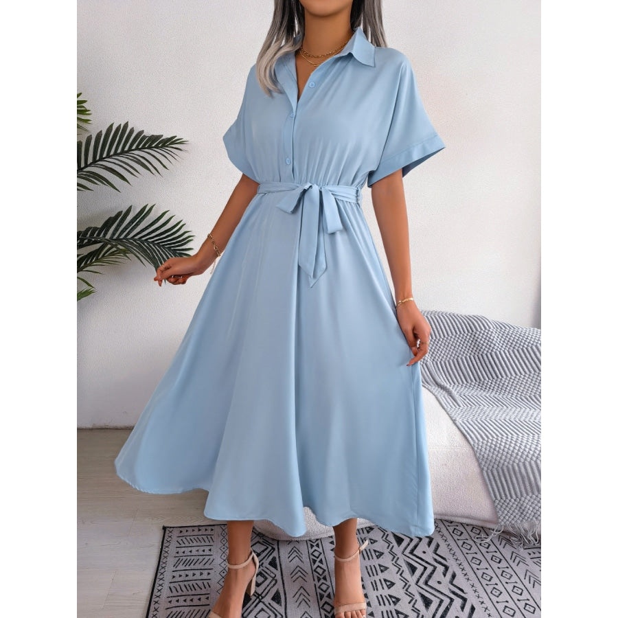 Short Sleeve Collared Tie Belt Dress