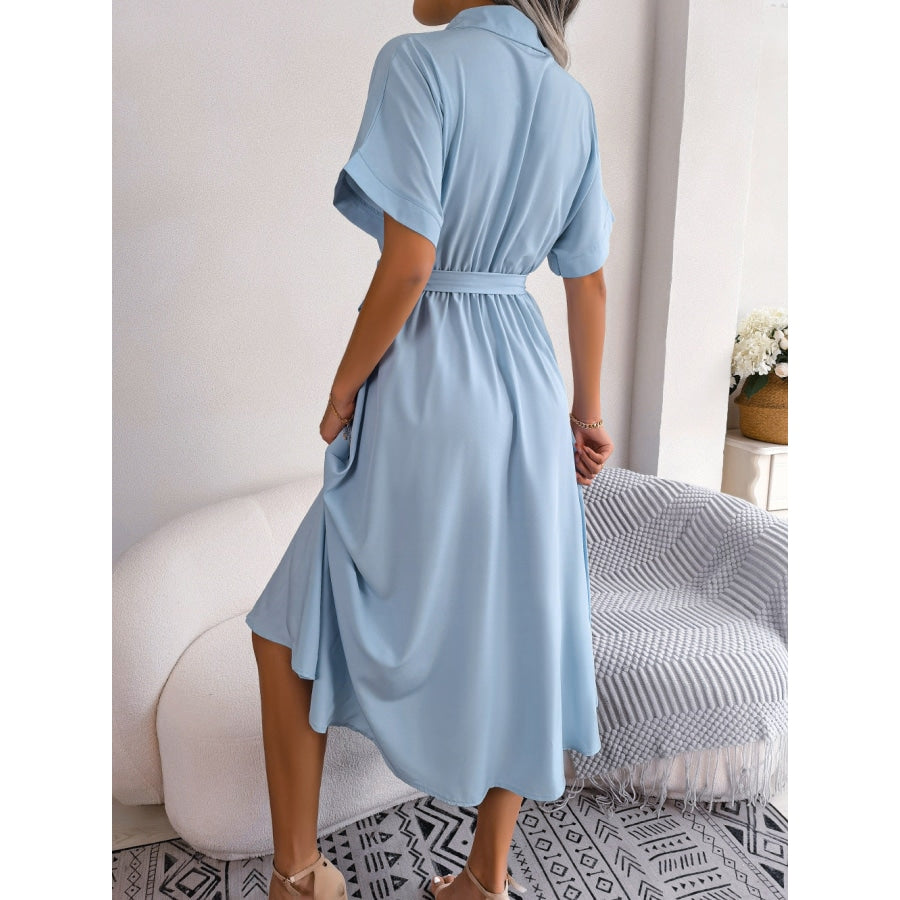 Short Sleeve Collared Tie Belt Dress