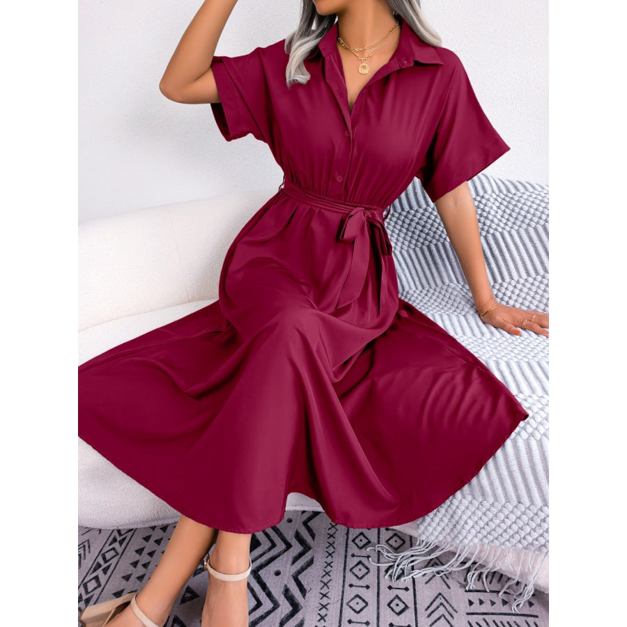 Short Sleeve Collared Tie Belt Dress Wine / S