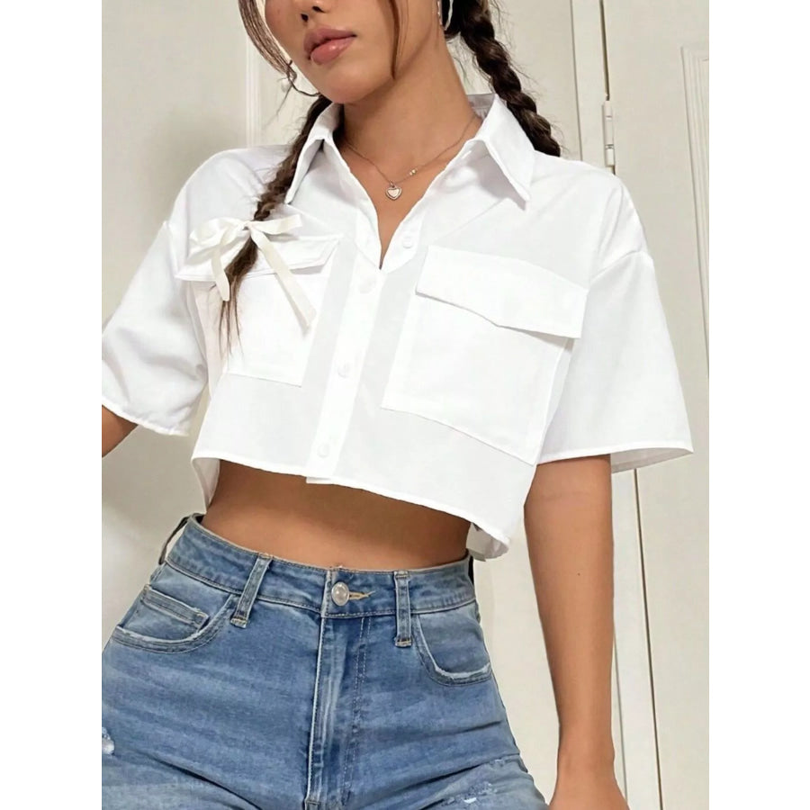 Short Sleeve Crop Shirt with Chest Pockets Apparel and Accessories