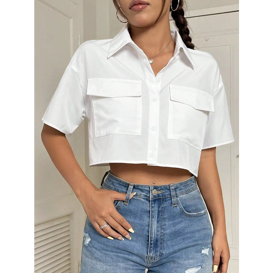 Short Sleeve Crop Shirt with Chest Pockets White / S Apparel and Accessories