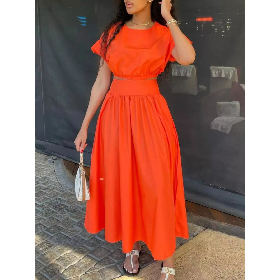 Short Sleeve Crop Top and Skirt Set Orange Red / S Apparel and Accessories
