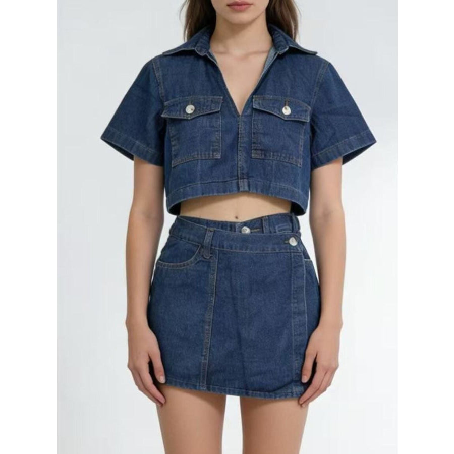 Short Sleeve Cropped Top and Skort Denim Set Apparel and Accessories