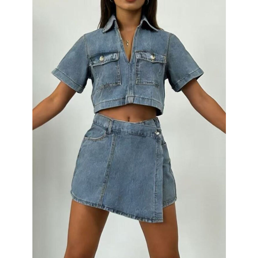 Short Sleeve Cropped Top and Skort Denim Set Apparel and Accessories