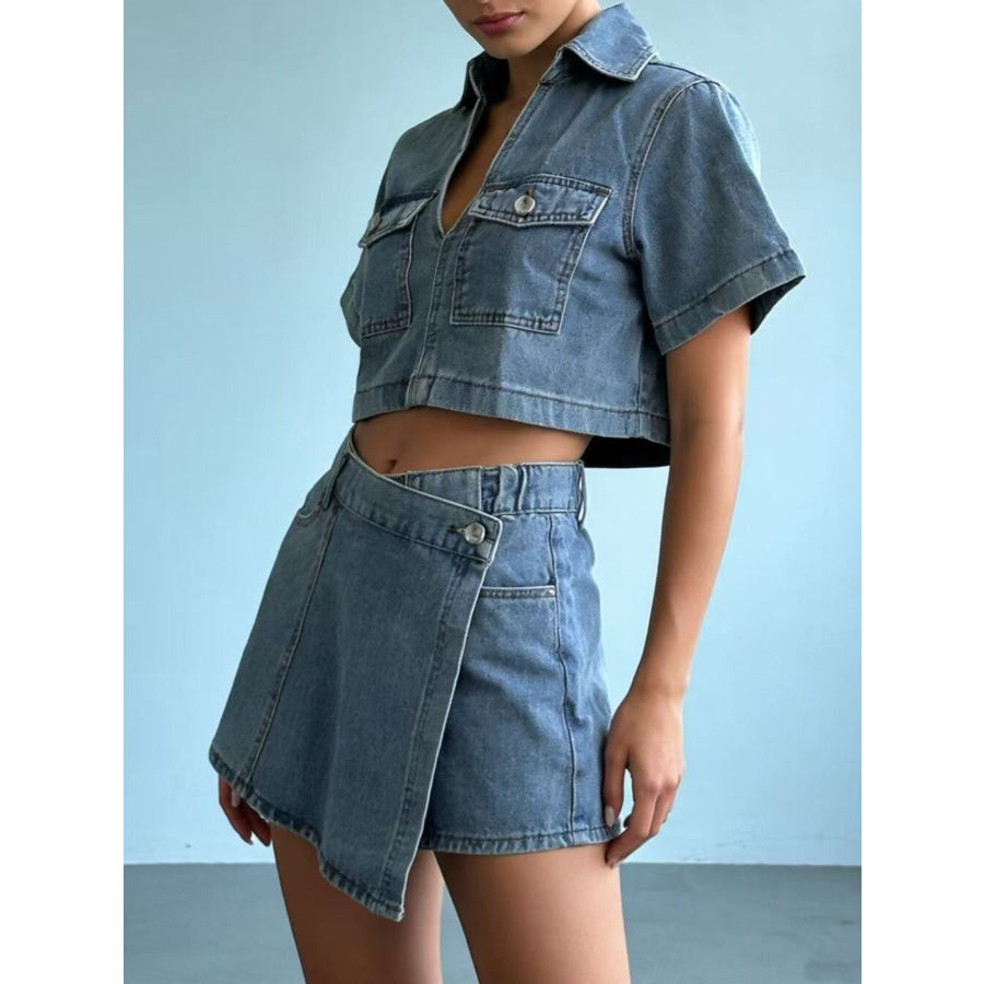 Short Sleeve Cropped Top and Skort Denim Set Apparel and Accessories