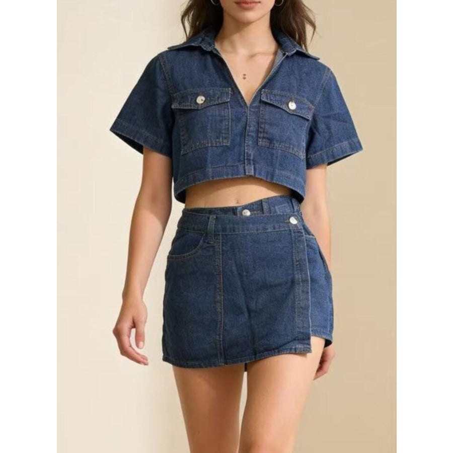 Short Sleeve Cropped Top and Skort Denim Set Apparel and Accessories