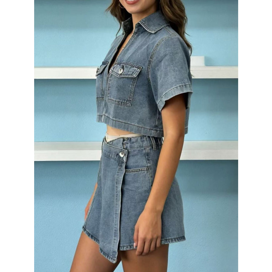 Short Sleeve Cropped Top and Skort Denim Set Apparel and Accessories