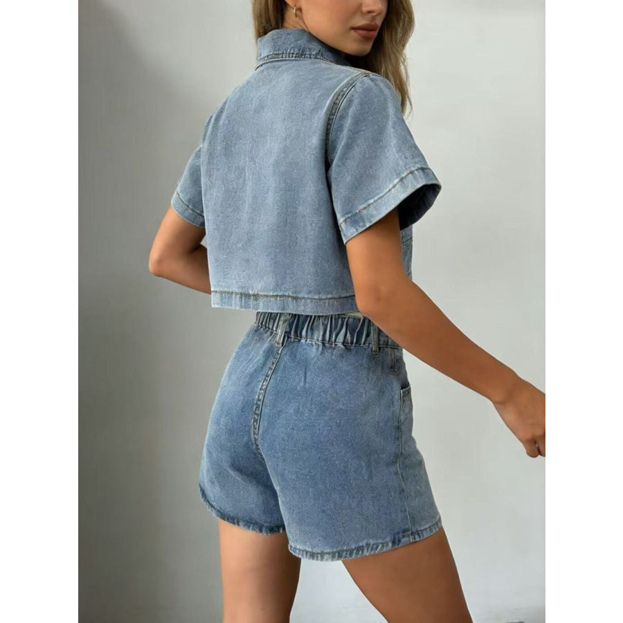 Short Sleeve Cropped Top and Skort Denim Set Apparel and Accessories
