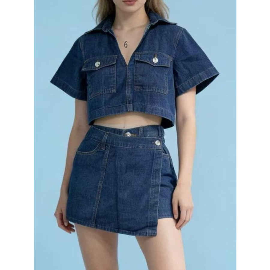 Short Sleeve Cropped Top and Skort Denim Set Apparel and Accessories