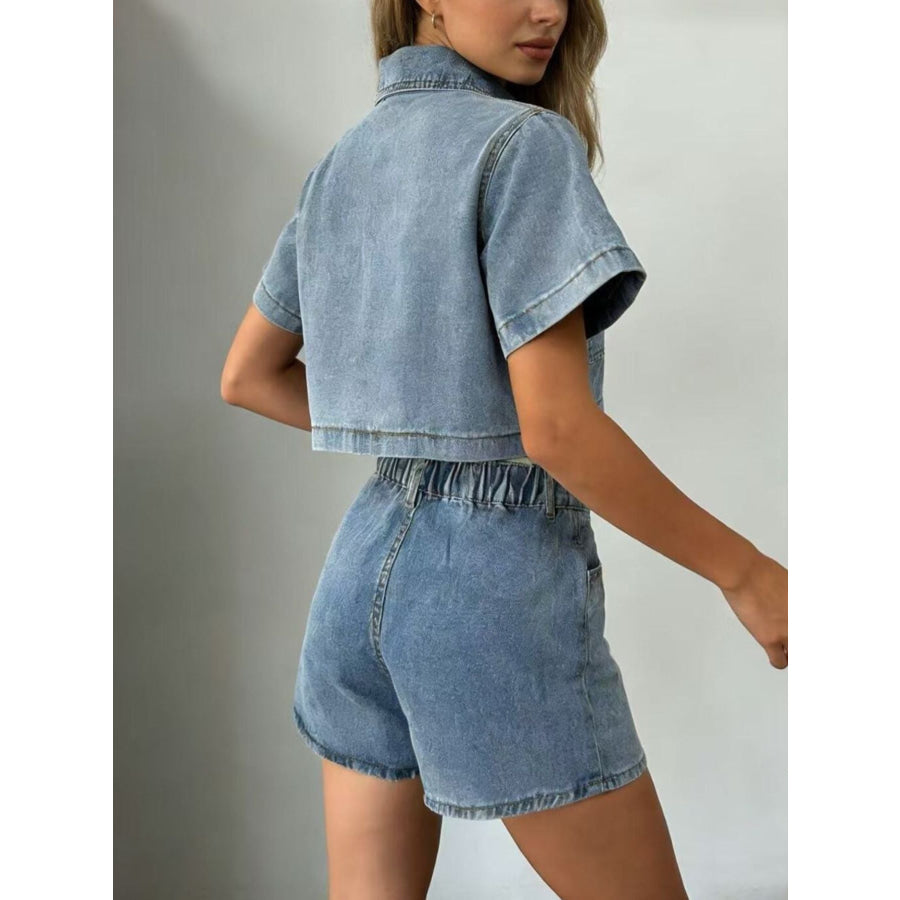 Short Sleeve Cropped Top and Skort Denim Set Apparel and Accessories