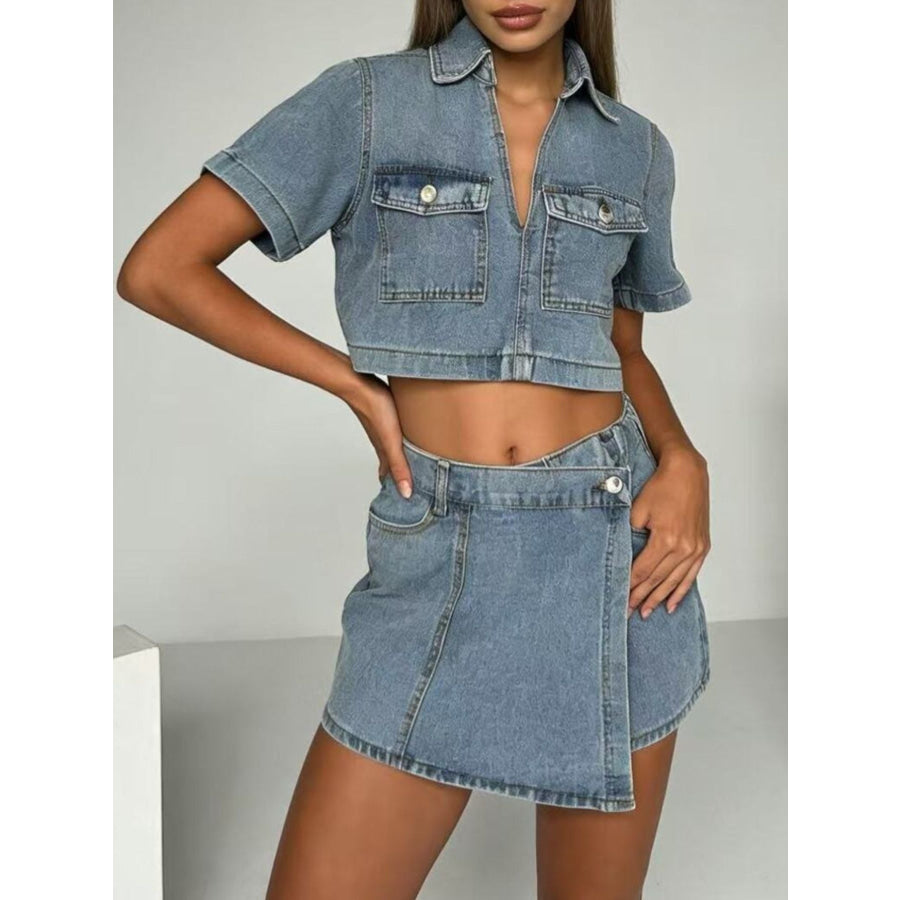 Short Sleeve Cropped Top and Skort Denim Set Light / S Apparel and Accessories