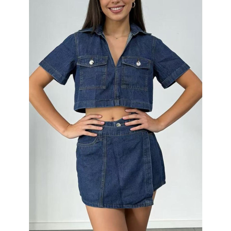 Short Sleeve Cropped Top and Skort Denim Set Medium / S Apparel and Accessories