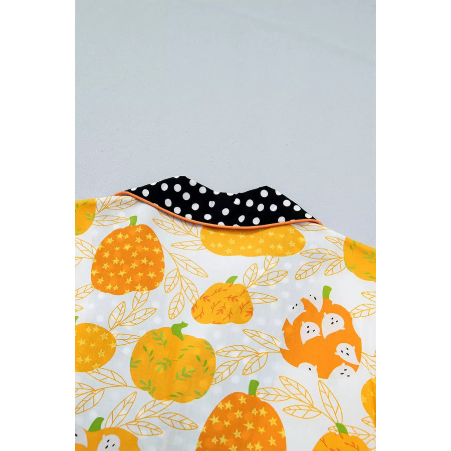 Short Sleeve Pumpkin Print Polka Dot Trim Pocket Placket Lounge Set Apparel and Accessories
