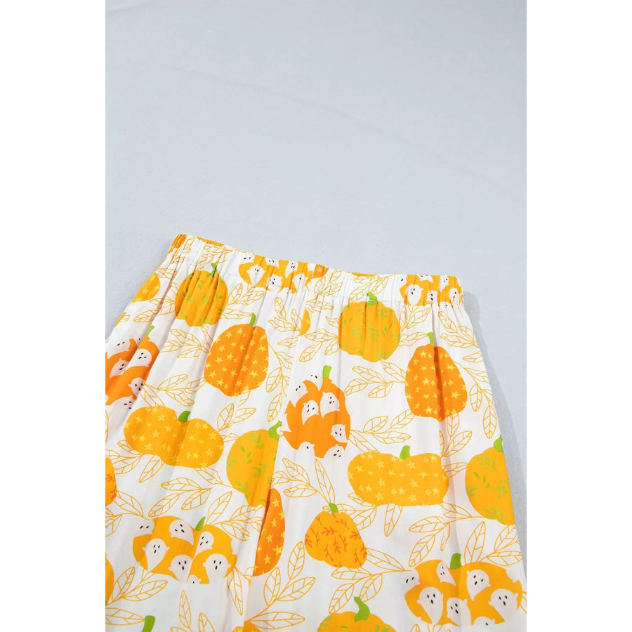Short Sleeve Pumpkin Print Polka Dot Trim Pocket Placket Lounge Set Apparel and Accessories
