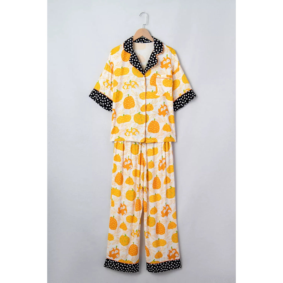Short Sleeve Pumpkin Print Polka Dot Trim Pocket Placket Lounge Set Apparel and Accessories