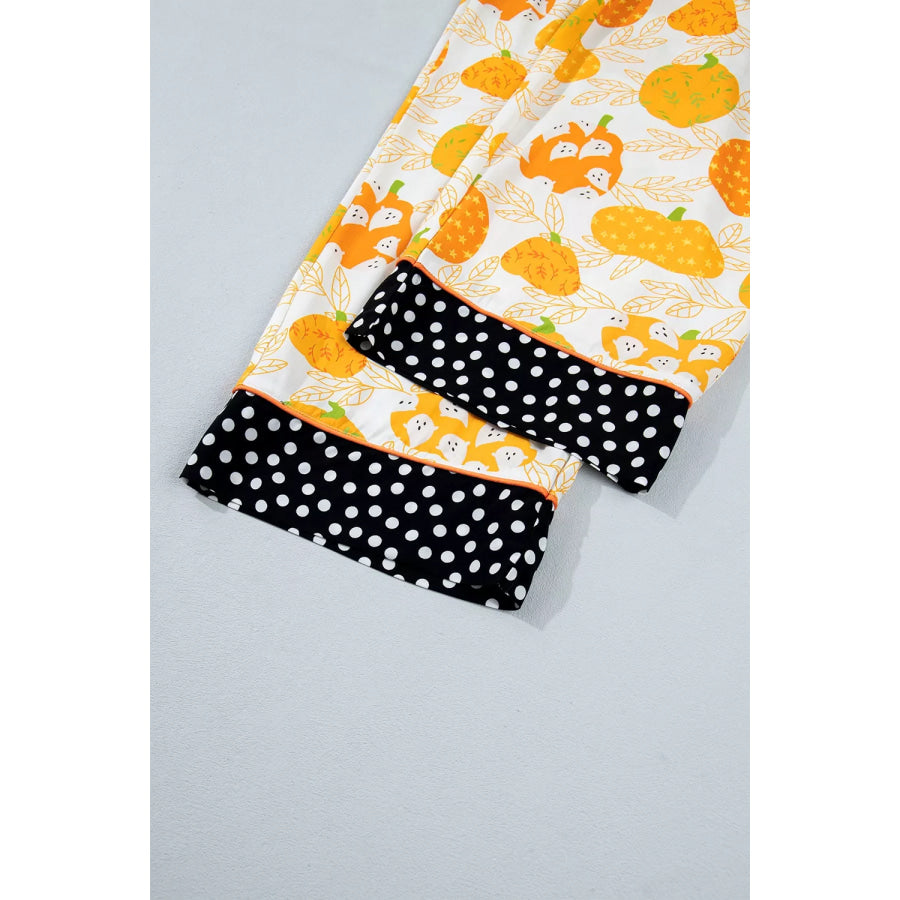 Short Sleeve Pumpkin Print Polka Dot Trim Pocket Placket Lounge Set Apparel and Accessories